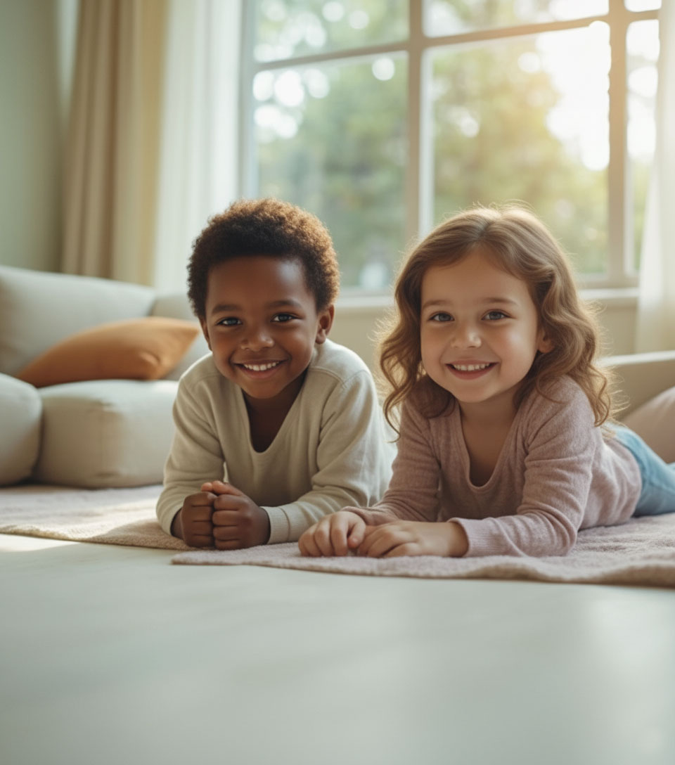 Two young children lie on a rug in a softly lit living room, smiling toward the camera with sunlight streaming through a large window behind them.