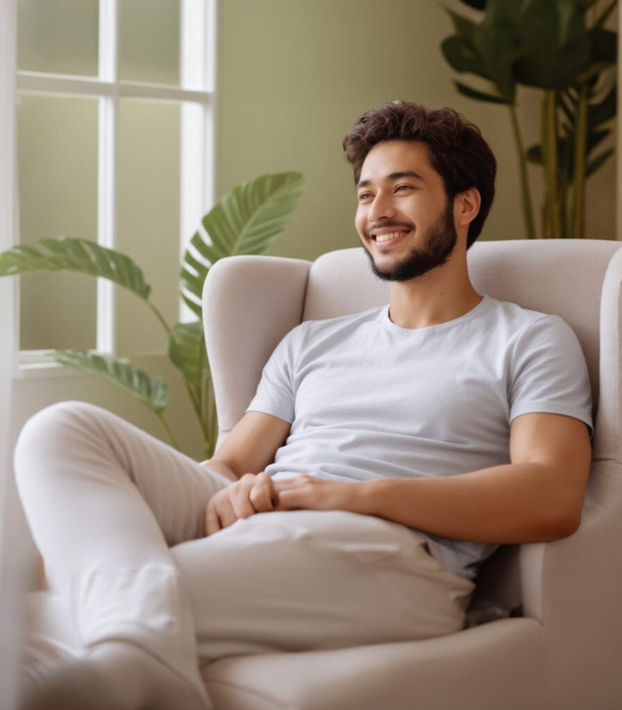 A man sits in a light-colored armchair near a window with green plants in the background, wearing a light gray t-shirt and smiling softly.