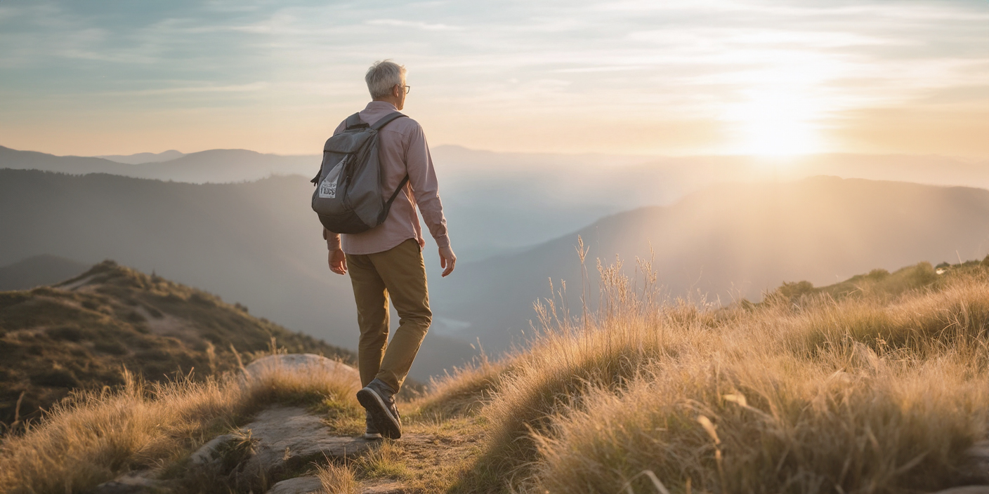 A man with gray hair and a backpack walks along a grassy mountain trail at sunset, overlooking rolling hills and valleys in the distance.