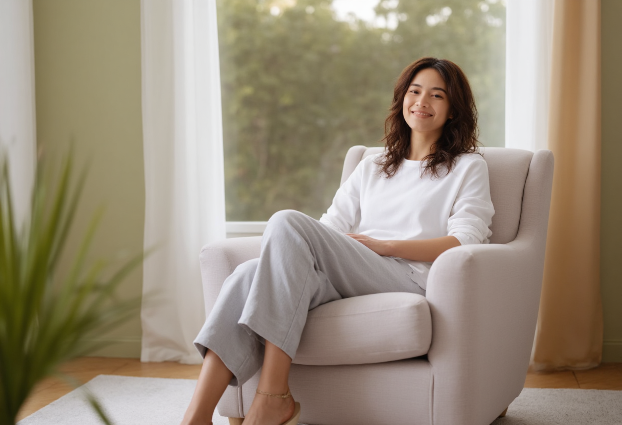 A woman sits comfortably in a light armchair near a large window with soft natural light, wearing light-colored clothes, with greenery visible outside.