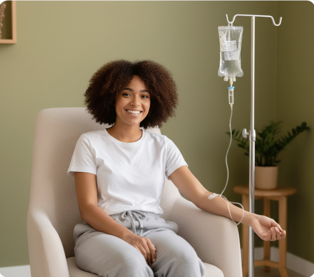 A woman sits in a beige chair receiving IV therapy, with an IV bag and stand beside her in a room with green walls and plants.
