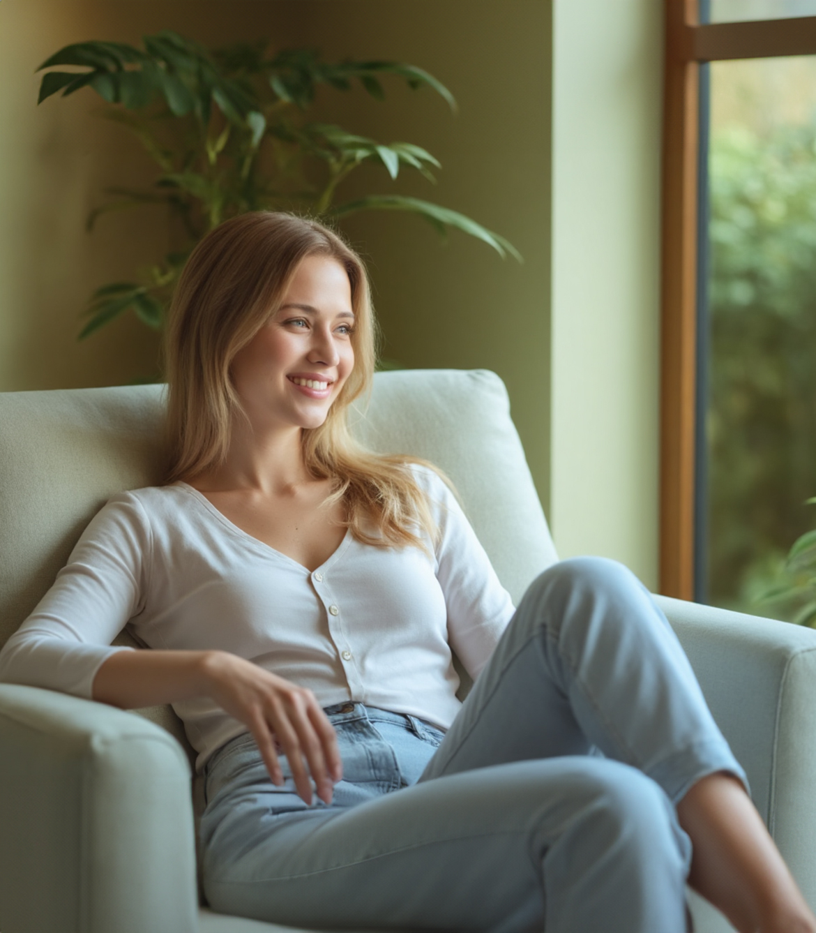 A woman sits comfortably in a light-colored chair near a window with greenery outside, wearing a white top and light jeans, with a green plant in the background.