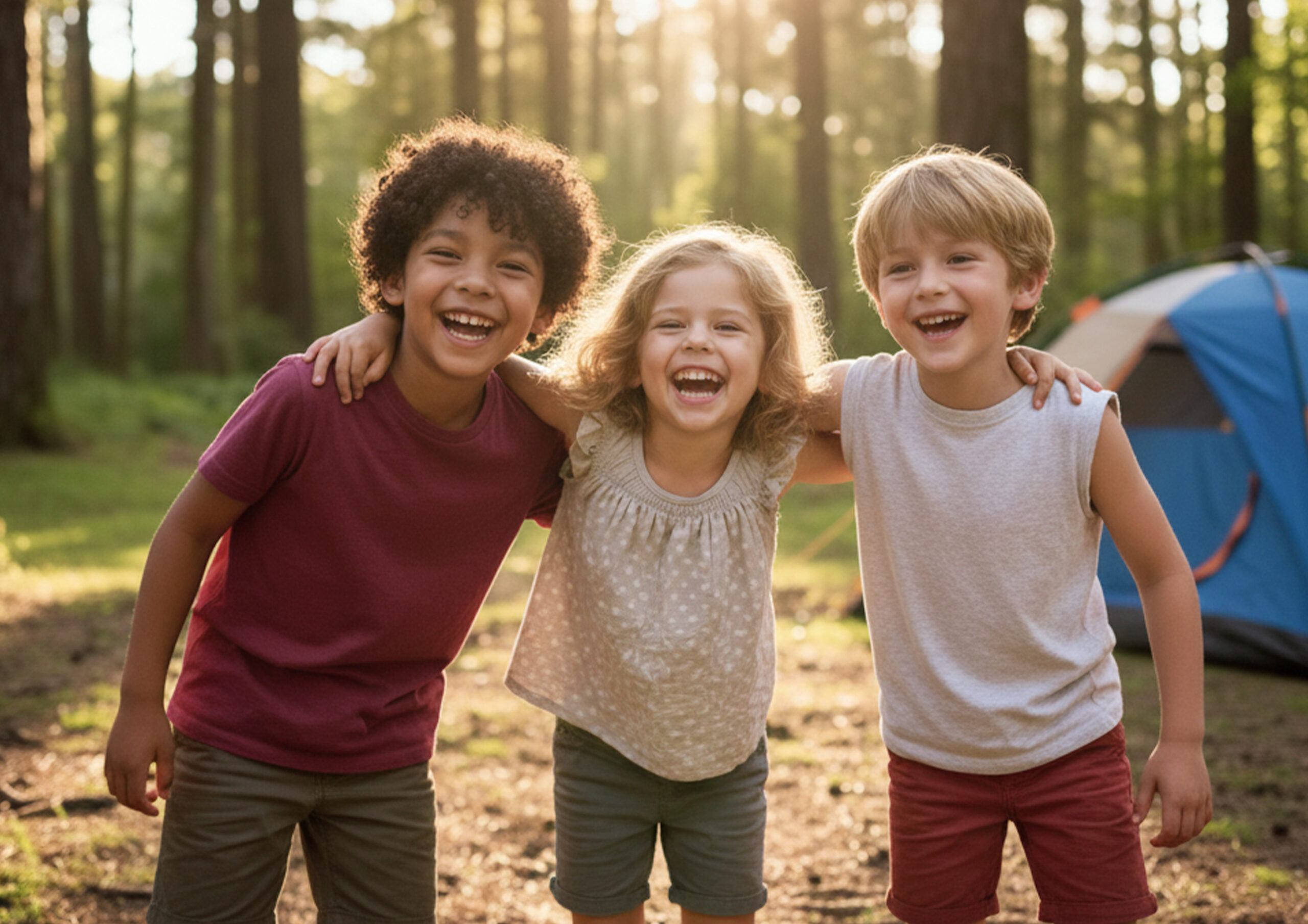 Three young children laughing with arms around each other in a sunlit forest campsite, with a blue and orange tent in the background.