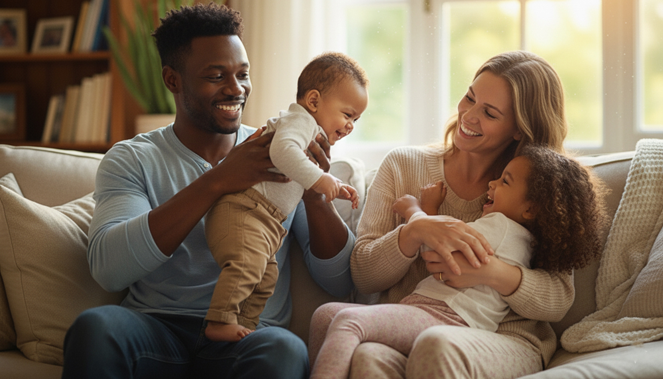 A cheerful family of four sits together on a cozy couch, with both parents smiling and playing with their two young children in a warmly lit living room, conveying comfort and care for new patients.