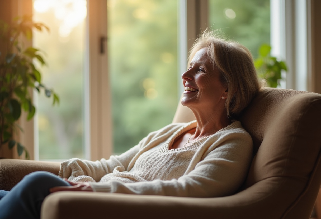 A smiling mature woman sits in a comfortable chair near a window with soft natural light, wearing a cream sweater and looking outward, with green foliage visible in the background.