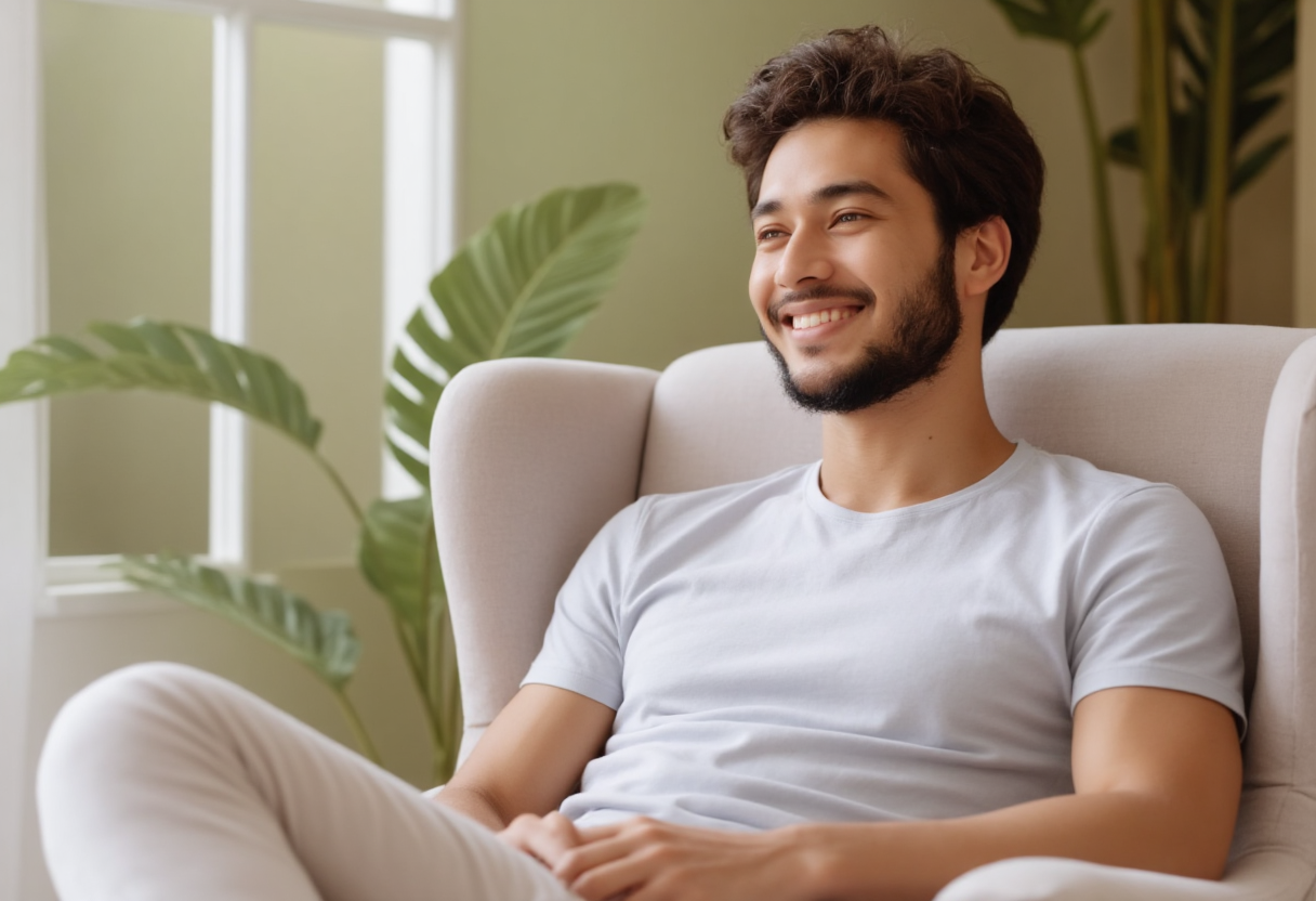 A man sits in a light-colored armchair near a window with green plants in the background, wearing a light gray t-shirt and smiling softly.