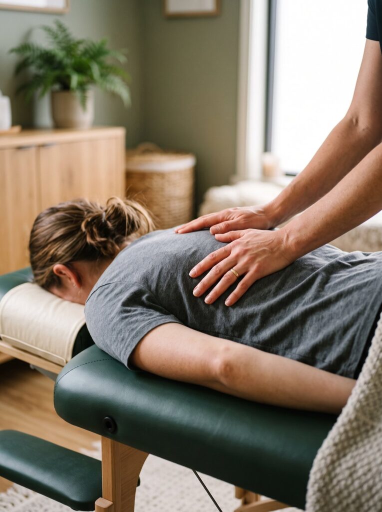 Chiropractor with hands on the mid-back of a patient lying face-down on a treatment table at The Healthy Place Holistic Clinic